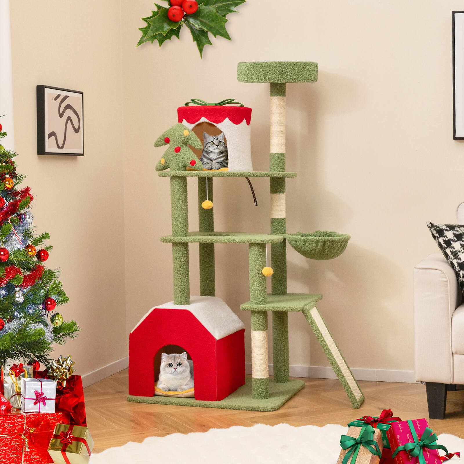 Alt View 1. Costway - Costway 61" Tall Christmas Cat Tower w/ Sisal Scratching Posts Pet Furniture for Indoor Kittens - Green,Red,Yellow,White.