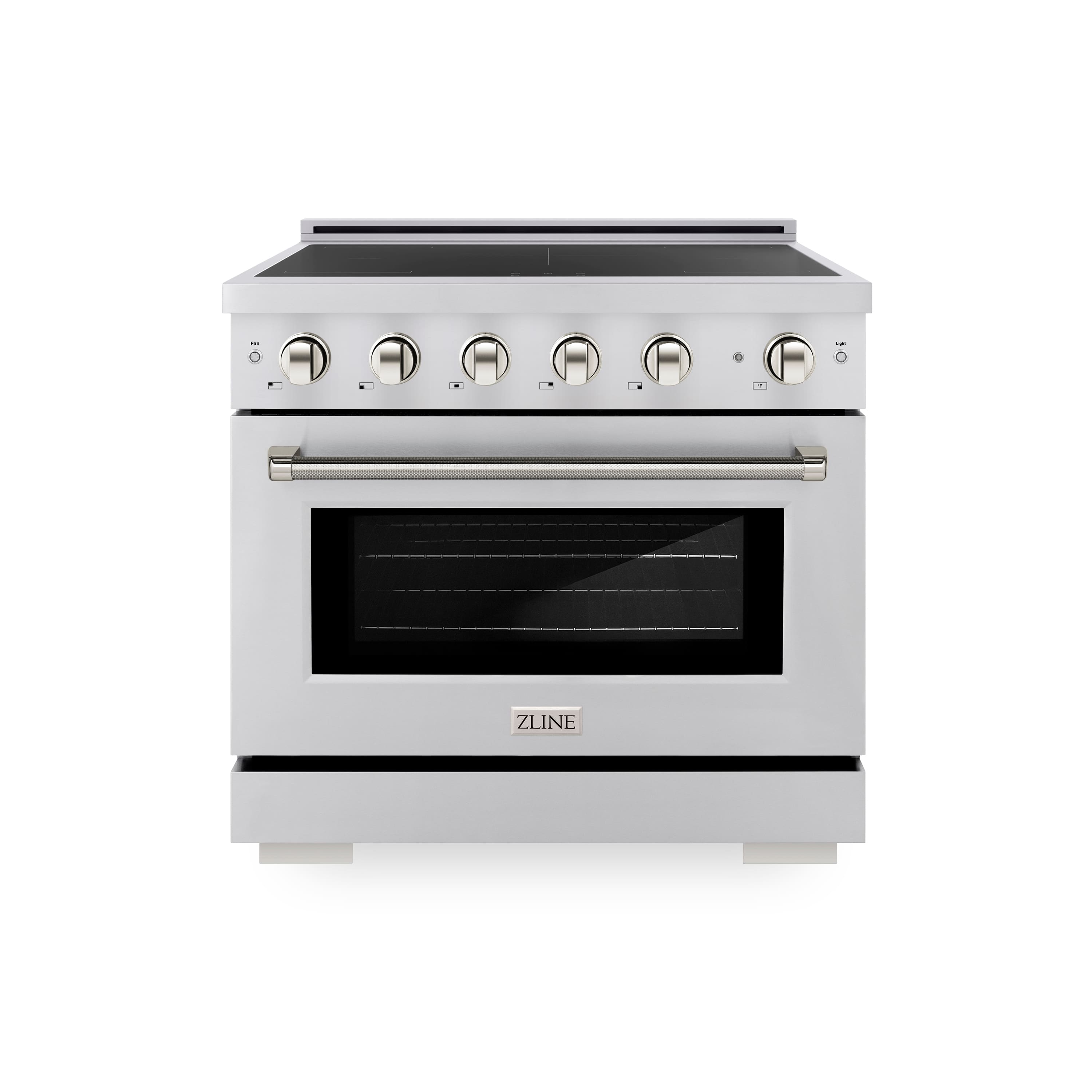 Front. ZLINE - Autograph 36 in. 5.2 cu. ft. Paramount Freestanding Induction Range with 5 Burners and Polished Nickel Helix Handle - Stainless Steel.