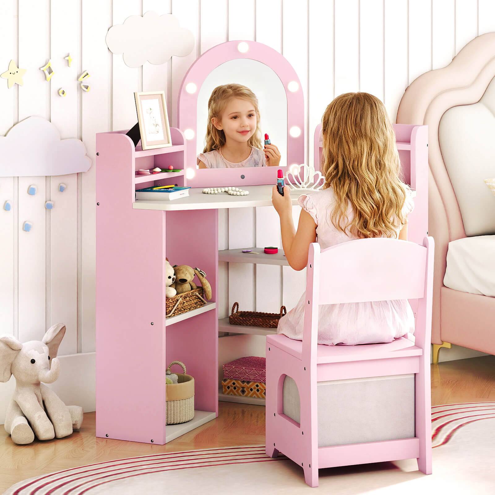 Alt View 4. Costway - Costway Corner Kids Vanity with Lights, 3 Storage Shelves, 5 Open Compartments, Accessories - Pink + White.