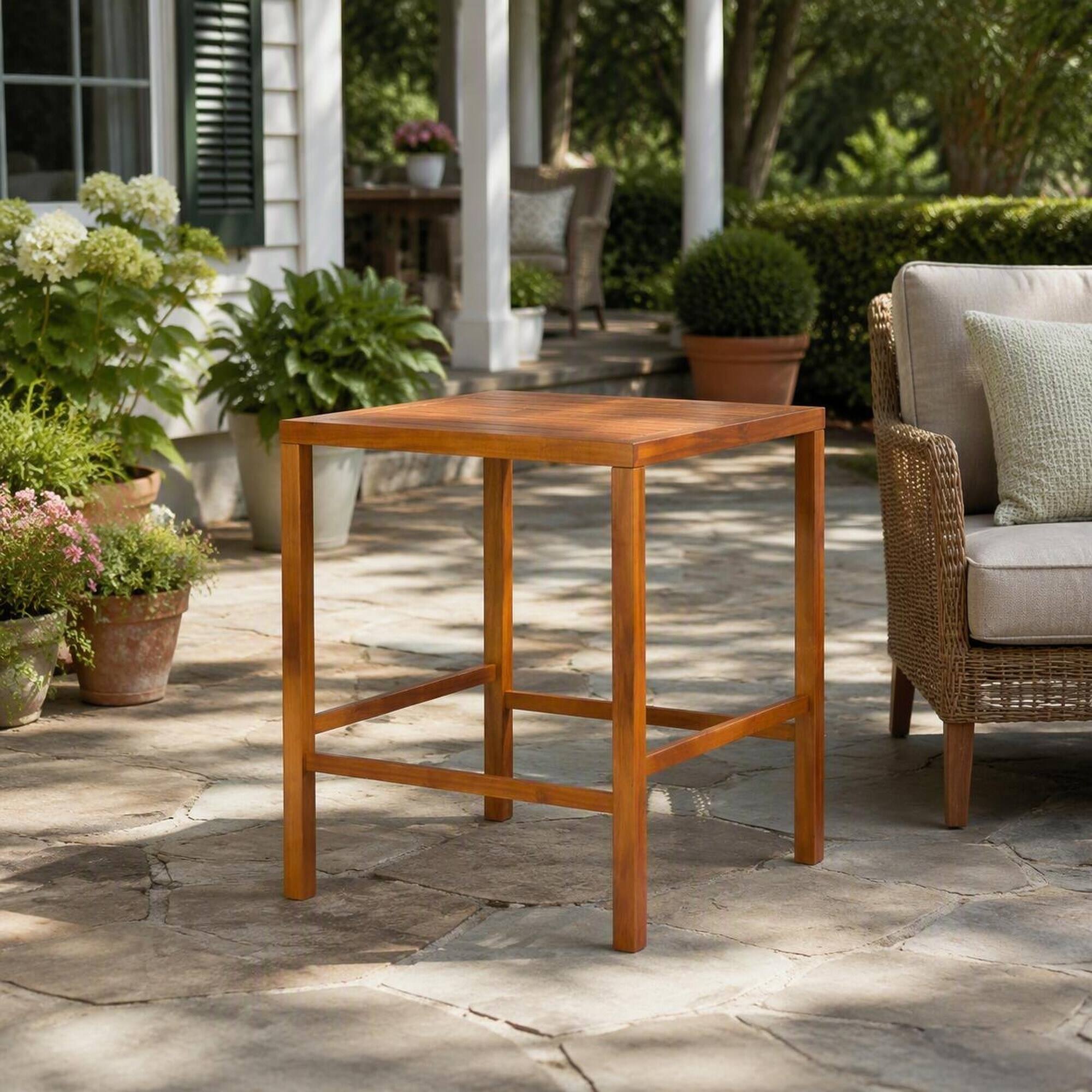Angle. RYHNUYNE - Wood Outdoor Dining Table,Slatted Water-Draining Tabletop for Patios & Gardens - Teak.