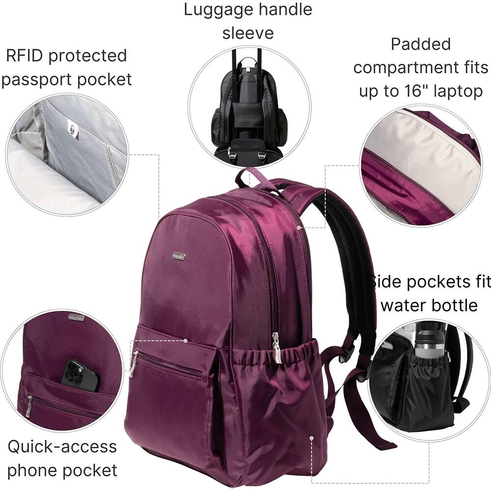 RFID protected passport pocket  
Luggage handle sleeve  
Padded compartment fits up to 16" laptop  
Side pockets fit water bottle  
Quick-access phone pocket