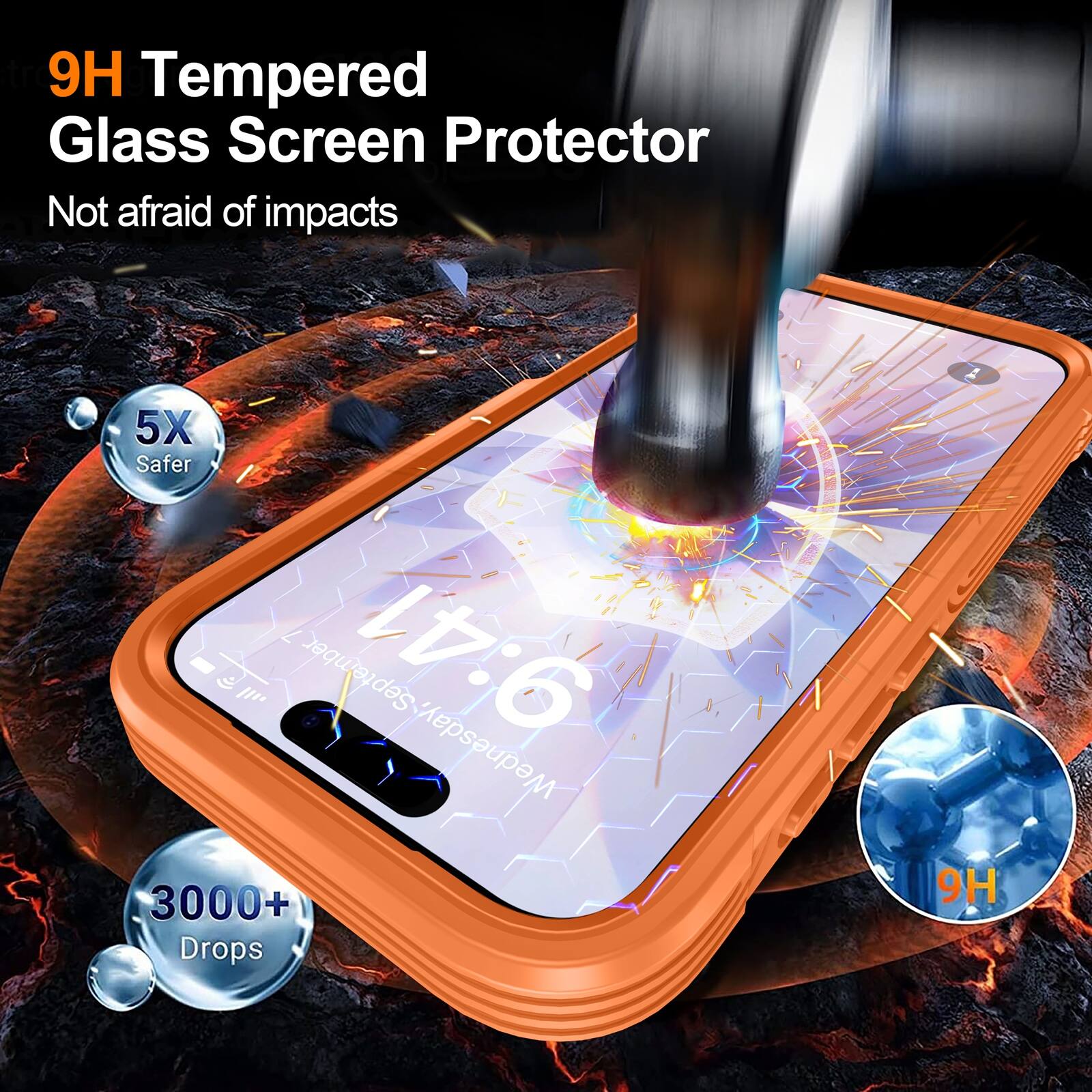9H Tempered Glass Screen Protector  
Not afraid of impacts  
5X Safer  
3000+ Drops  
9H