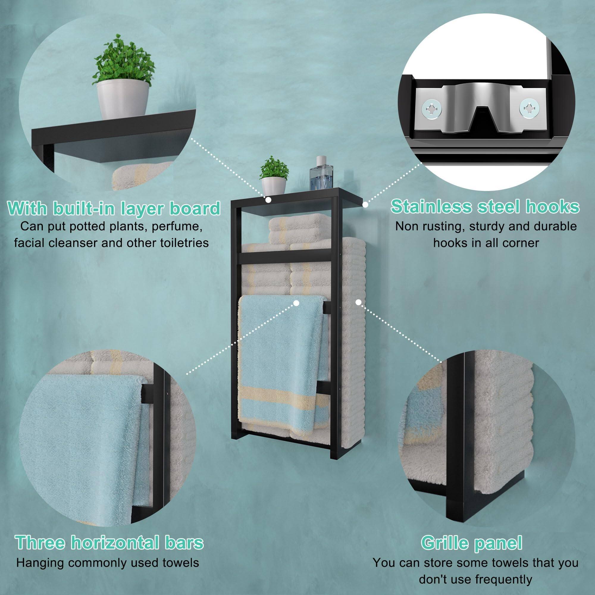 - With built-in layer board
  - Can put potted plants, perfume, facial cleanser and other toiletries

- Stainless steel hooks
  - Non rusting, sturdy and durable hooks in all corner

- Three horizontal bars
  - Hanging commonly used towels

- Grille panel
  - You can store some towels that you don't use frequently