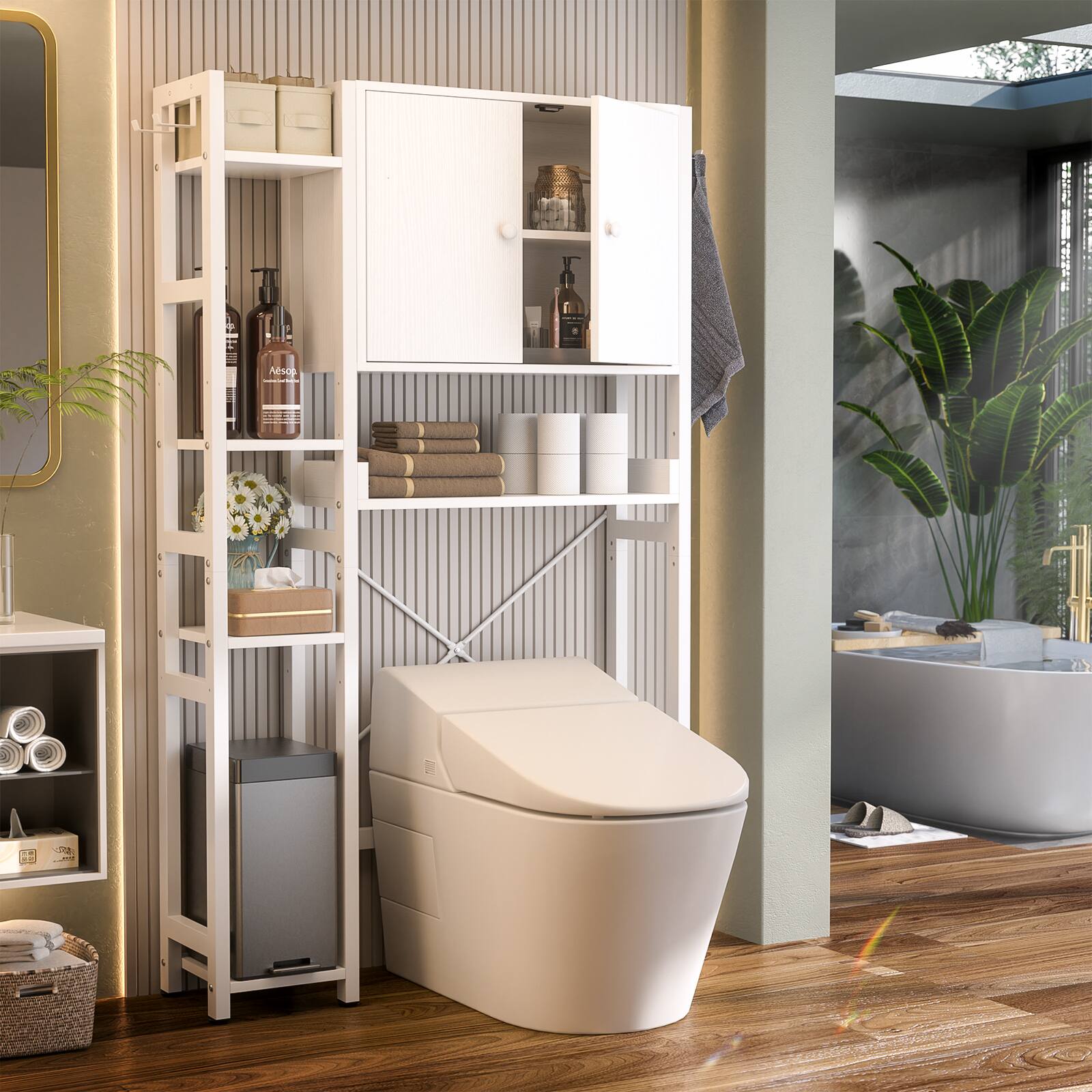 Alt View 4. Aheaplus - Over The Toilet Storage Cabinet with Doors, 7 Tier Freestanding Bathroom Organizer with Adjustable Shelves & 4 Hooks - White.