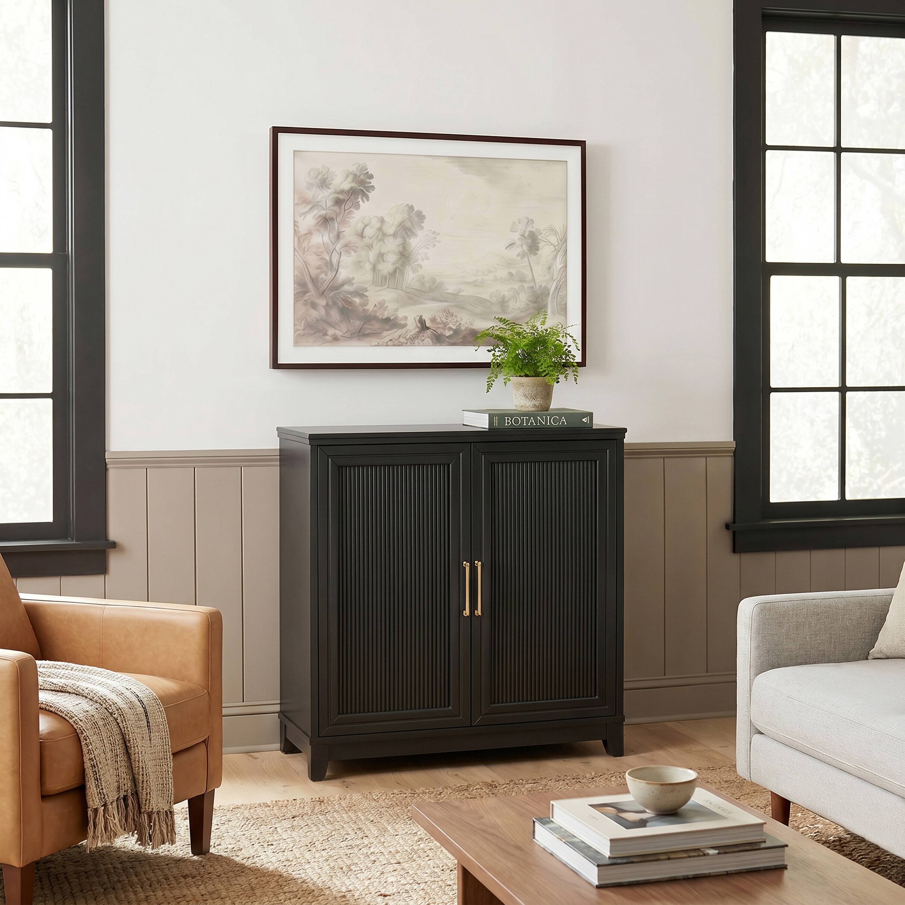 Alt View 5. Martha Stewart - Bedford Modular Storage Cabinet with Adjustable Shelf, Soft-Close Doors, Solid Wood Frame and Legs - Black Frame/Gold Hardware.
