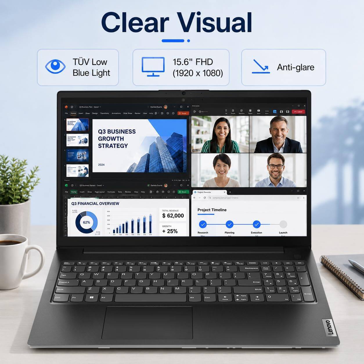 Clear Visual TV Low Blue Light 15.6" FHD (1920 x 1080) Anti-glare

Q3 BUSINESS GROWTH STRATEGY 2024

Q3 FINANCIAL OVERVIEW
62% - $62,000 - +25%

Project Timeline
Research Planning Execution Launch

Lenovo