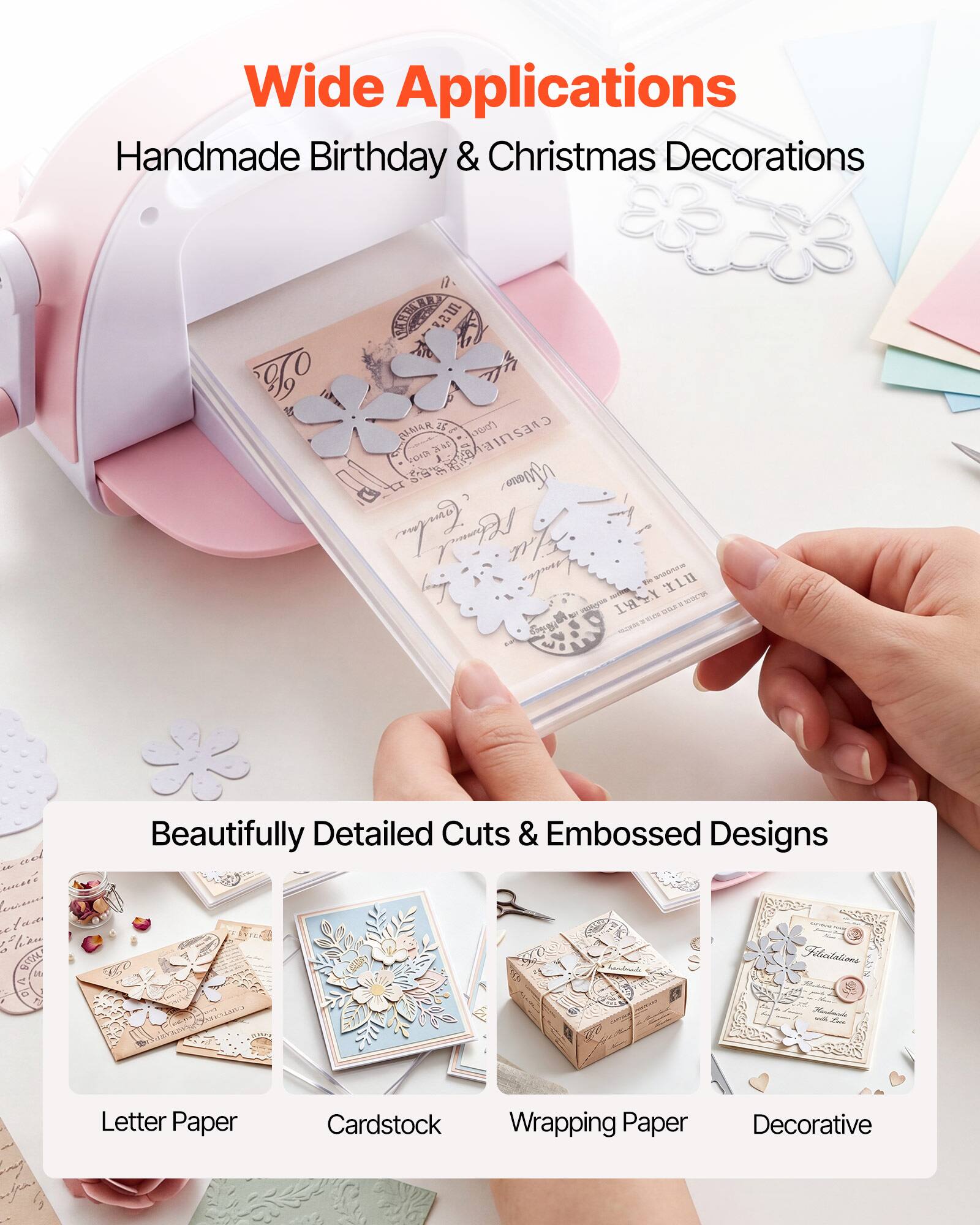 Wide Applications  
Handmade Birthday & Christmas Decorations  

Beautifully Detailed Cuts & Embossed Designs  
Letter Paper  
Cardstock  
Wrapping Paper  
Decorative
