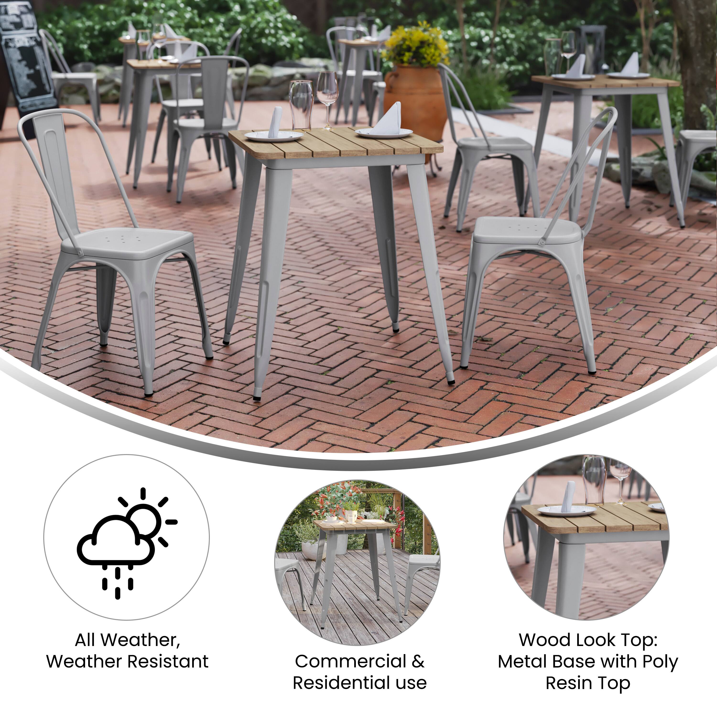 All Weather, Weather Resistant  
Commercial & Residential use  
Wood Look Top: Metal Base with Poly Resin Top