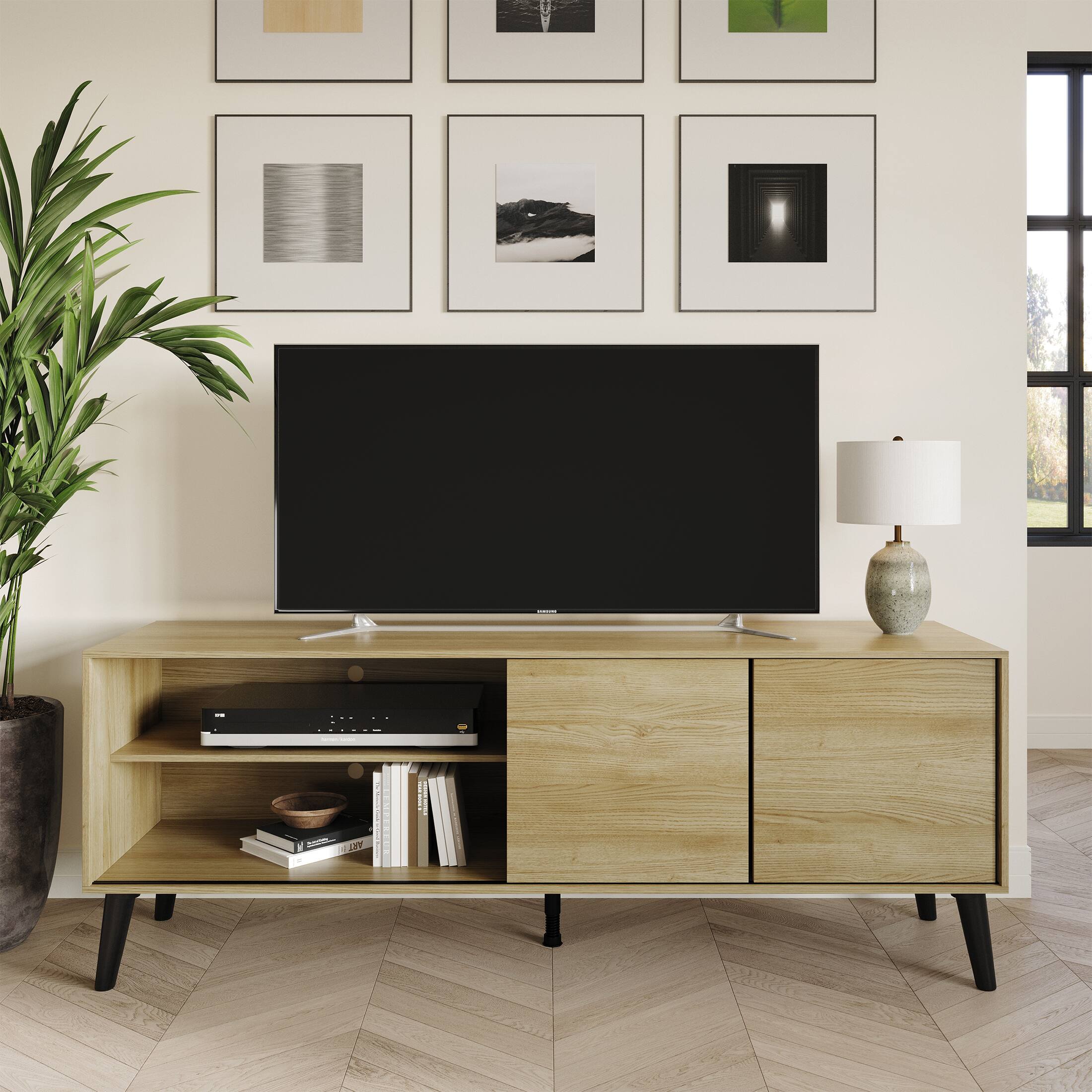 Front. ChaletPosh - Modern Minimalist TV Console in Wood Finish with Sliding Doors, Sanremo Light Oak - Light Oak.