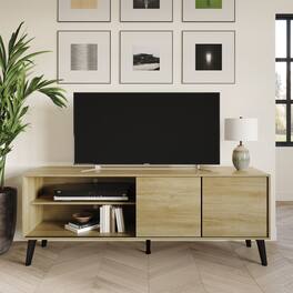 ChaletPosh - Modern Minimalist TV Console in Wood Finish with Sliding Doors, Sanremo - Light Oak