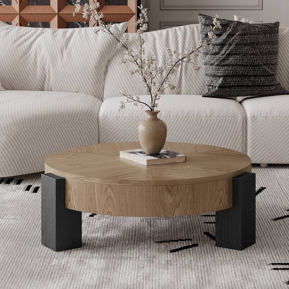 Angle. Loheer - Loheer 33 Inch Round Coffee Table Hidden Storage Wabi Sabi Wood Parquet Veneer Center Table for Living Room - Matte Black,Natural Wood.