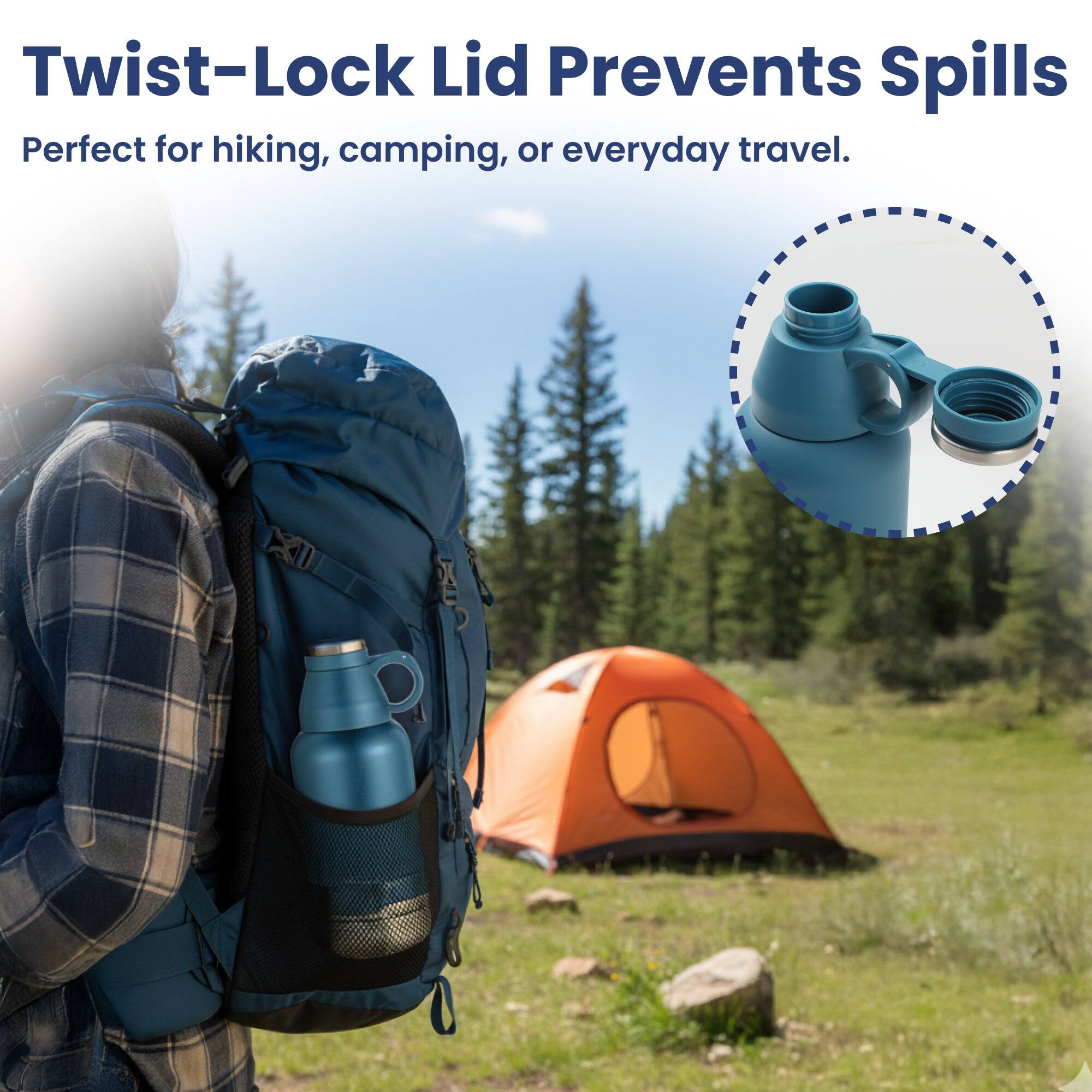 Twist-Lock Lid Prevents Spills  
Perfect for hiking, camping, or everyday travel.