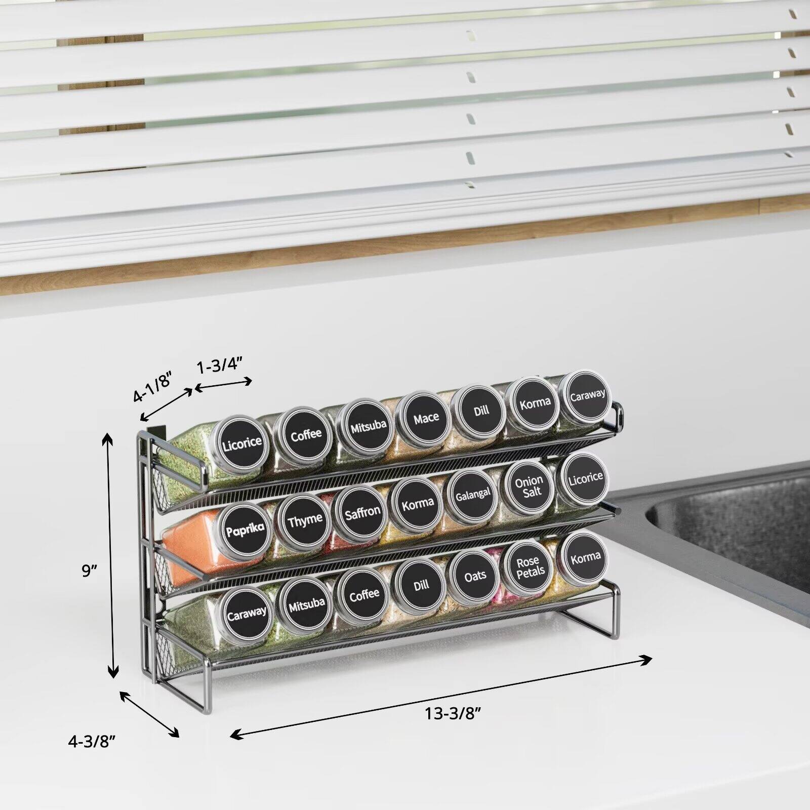 9"  
1-3/4"  
4-1/8"  
13-3/8"  
4-3/8"  

Dill  
Mac  
Coffee  
Mitsuba  
Licorice  
Korma  
Galangal  
Thyme  
Saffron  
Paprika  
Oats  
Caraway  
Onion  
Salt  
Rose Petals