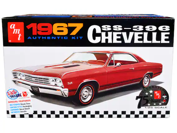 Sure, here is the corrected and grouped text from the image:
---
**a.m.t**
**1967 SS-396 CHEVELLE**
AUTHENTIC KIT
**Retro Deluxe**
Only from KITS & AMT
**SPECIAL FEATURES**
- RED STRIPED Stock Tires
- VINTAGE STYLE Packaging
- EXPANDED Decal Sheet
- AUTHENTIC Details
**CELEBRATING**
75 Years
**1/25 SCALE**
---
This text is organized to reflect the information on the box as it appears in the image.