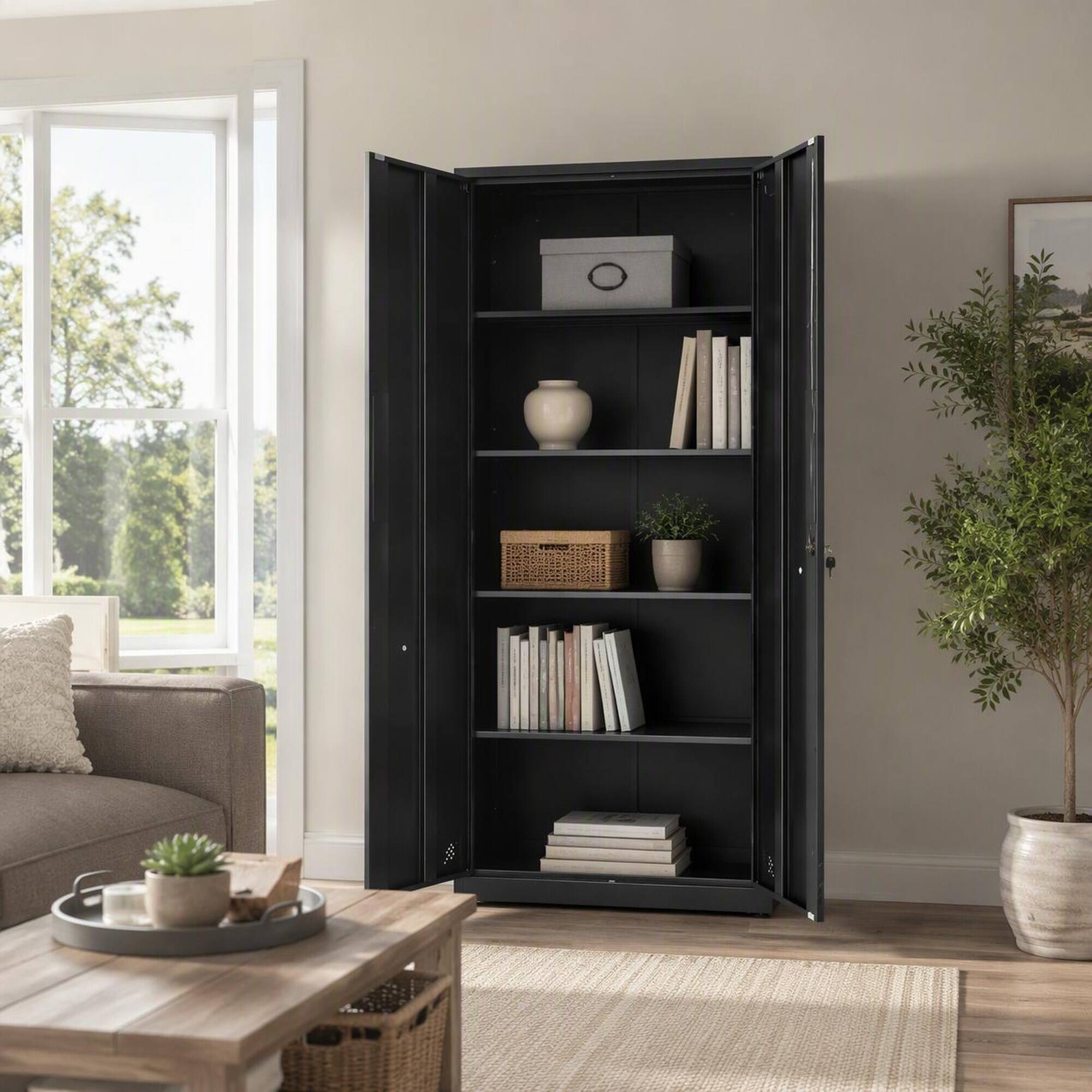 Angle. RYHNUYNE - 72 in High Steel Storage Cabinet with 2 Doors and 4 Adjustable Shelves, Lockable Metal Cabinet for Home Office Garage - Black.