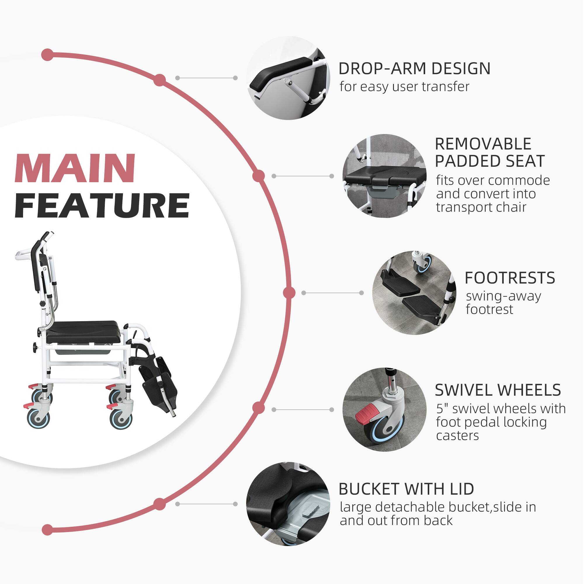 MAIN FEATURE

DROP-ARM DESIGN for easy user transfer
REMOVABLE PADDED SEAT fits over commode and convert into transport chair
FOOTRESTS swing-away footrest
SWIVEL WHEELS 5" swivel wheels with foot pedal locking casters
BUCKET WITH LID large detachable bucket, slide in and out from back
