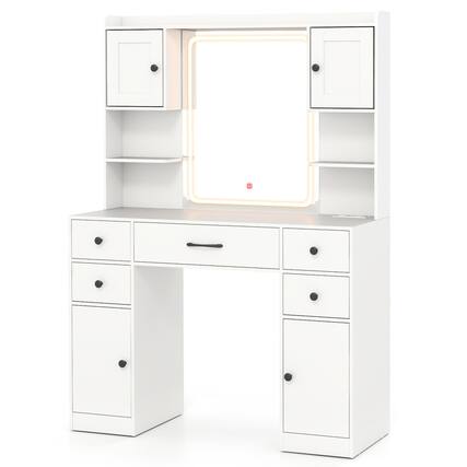 Front. WELLFOR - 41.5 " Makeup Vanity with 3 Color Lighted Mirror & Charging Station,Modern Vanity Desk with 5 Drawers & Hair Dryer Rack - White.