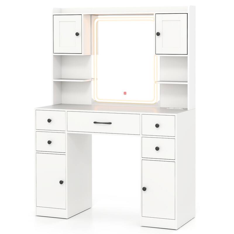 Front. WELLFOR - 41.5 " Makeup Vanity with 3 Color Lighted Mirror & Charging Station,Modern Vanity Desk with 5 Drawers & Hair Dryer Rack - White.