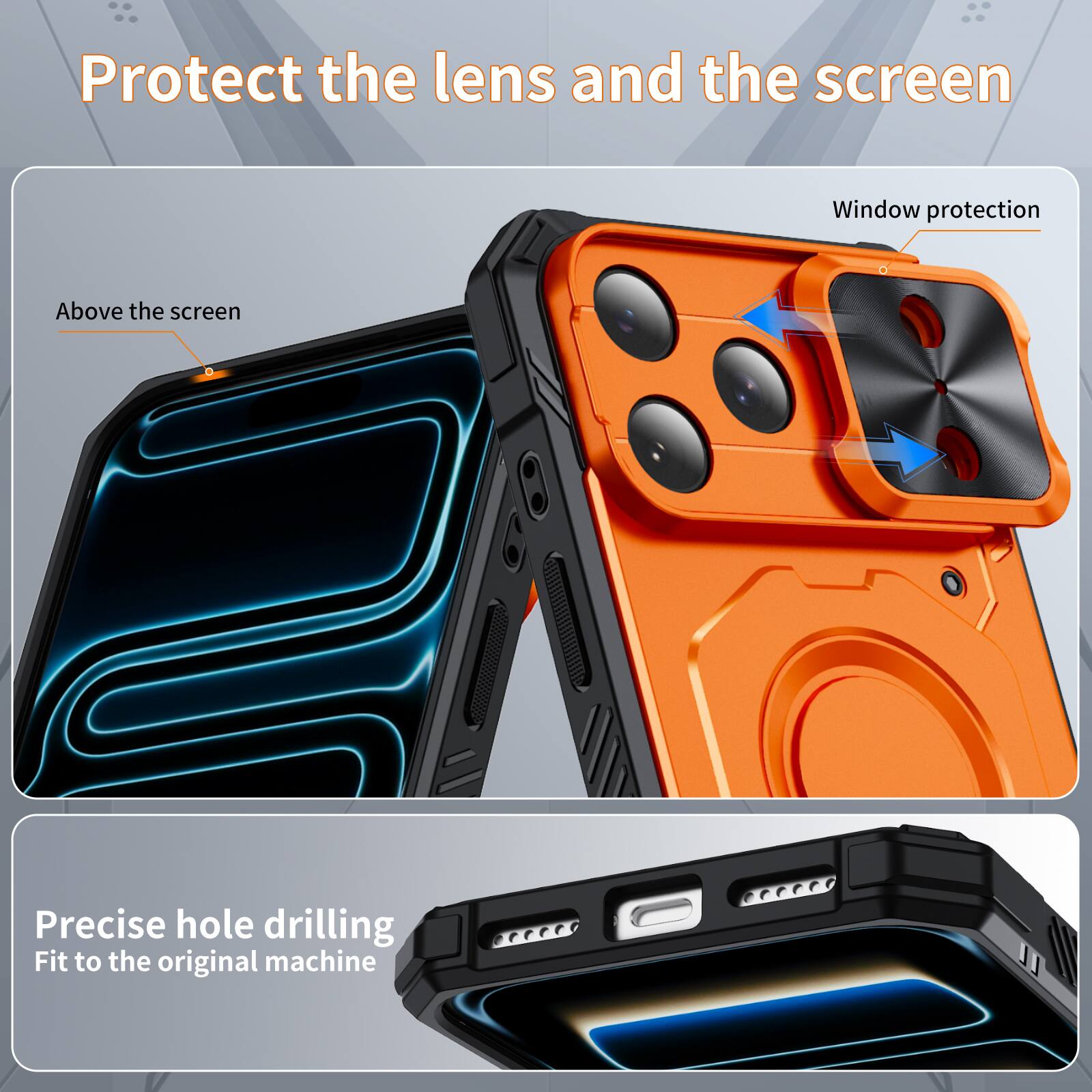 Protect the lens and the screen  
Window protection  
Above the screen  
Precise hole drilling  
Fit to the original machine