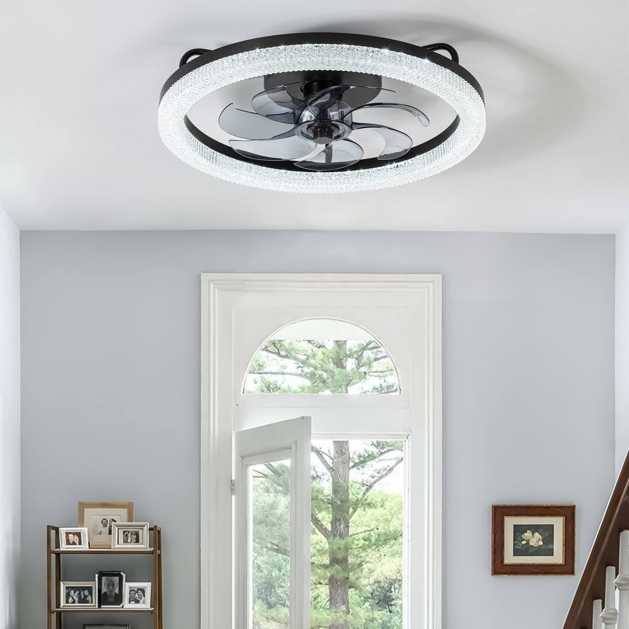 Back. Breezary - 20" Flush Mount Ceiling Fan with LED Light, 7 PC Blades, 6-Speed DC Motor, Remote Control with Memory Function - Matte Black.