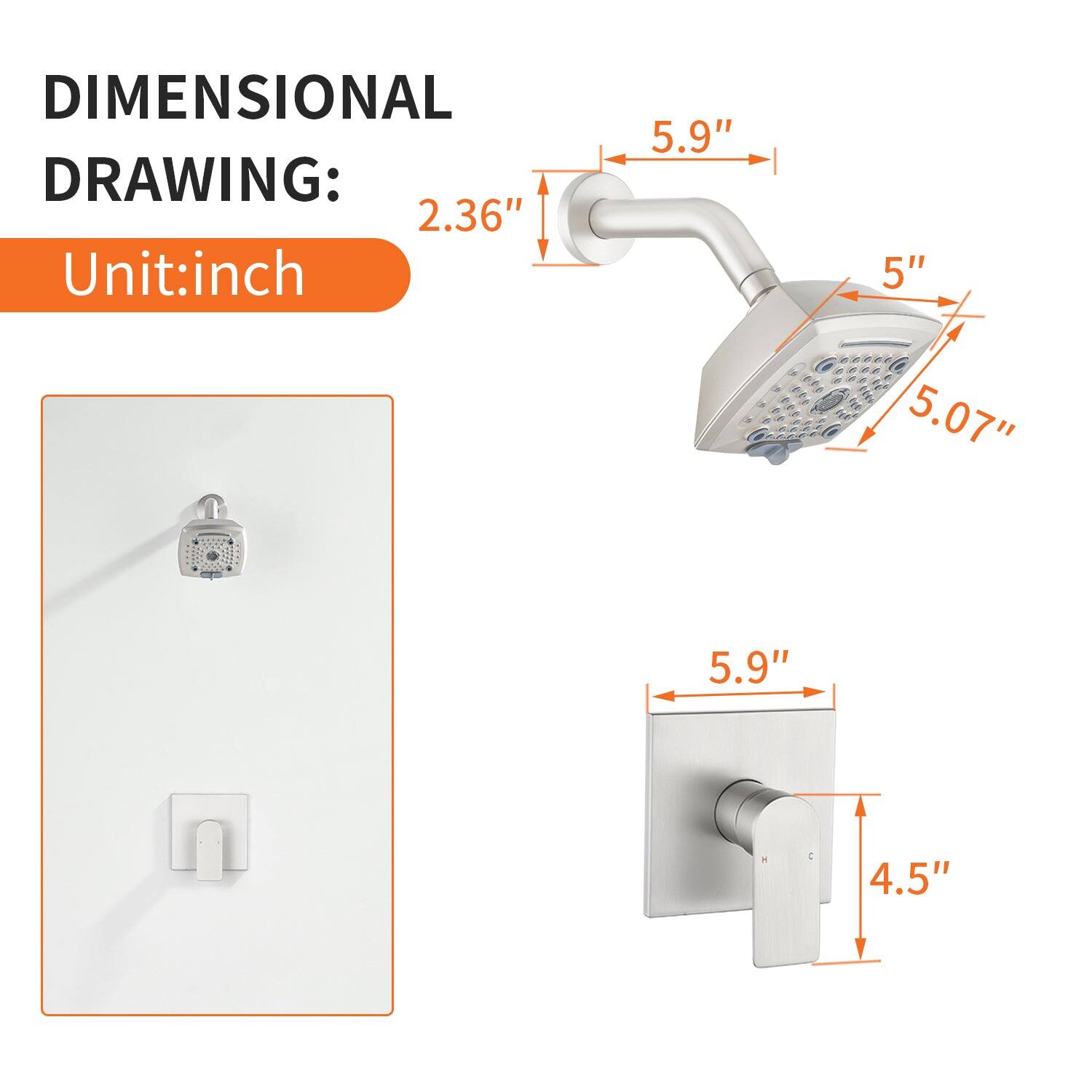 DIMENSIONAL DRAWING:  
Unit: inch  

- 2.36"  
- 5.9"  
- 5"  
- 5.07"  
- 5.9"  
- 4.5"