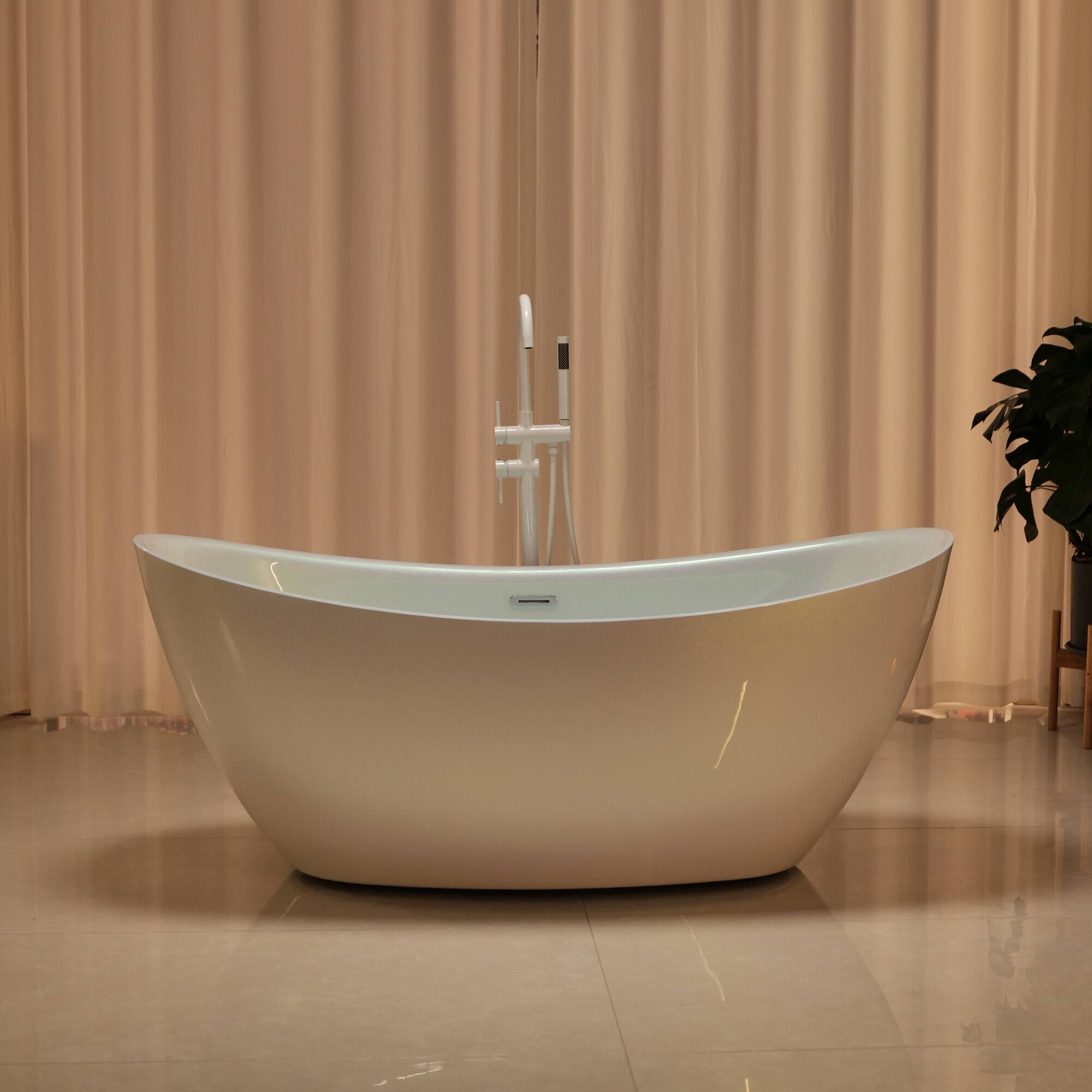 Left. Empava - Artistic Style 67 in. x 30.7 in. Acrylic Center Drain Freestanding Flat Bottom Bath Oval Soaking Bathtub in Pearl White - White.