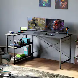 Bestier - L-Shaped Computer Desk with Storage Shelves - Black