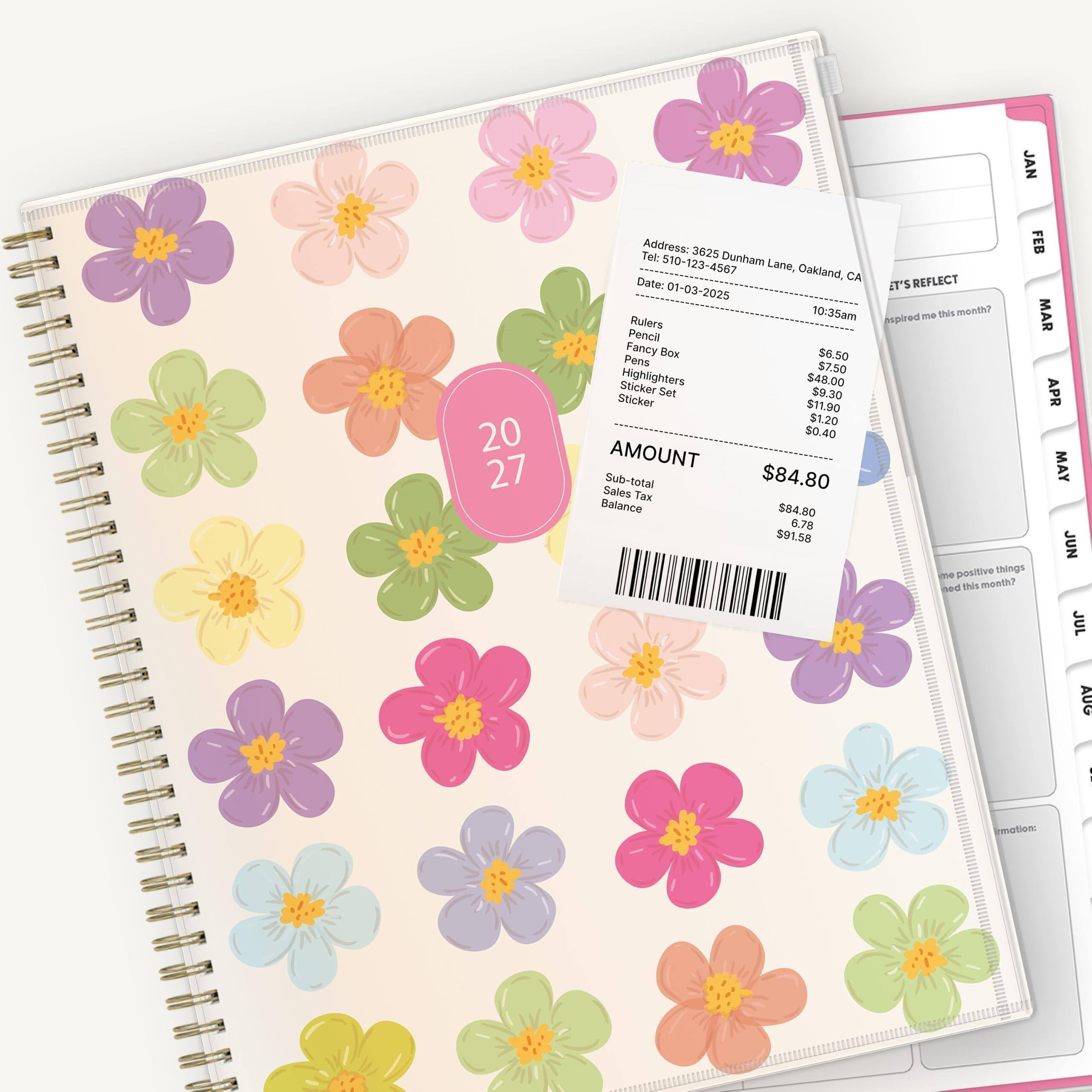 20 27

JAN
Tel: 510-123-4567
Address: 3625 Dunham Lane, Oakland, CA
Date: 01-03-2025 10:35am

ET'S REFLECT
inspired me this month?

MAR
Rulers $6.50
Pencil $7.50
Fancy Box
Pens
Sticker Highlighters $48.00
Sticker Set $11.90

AMOUNT
Sub-total $84.80
Tax $6.78
Sales $84.80
Balance $91.58

JUN
no positive things need this month?

JUL
AUG