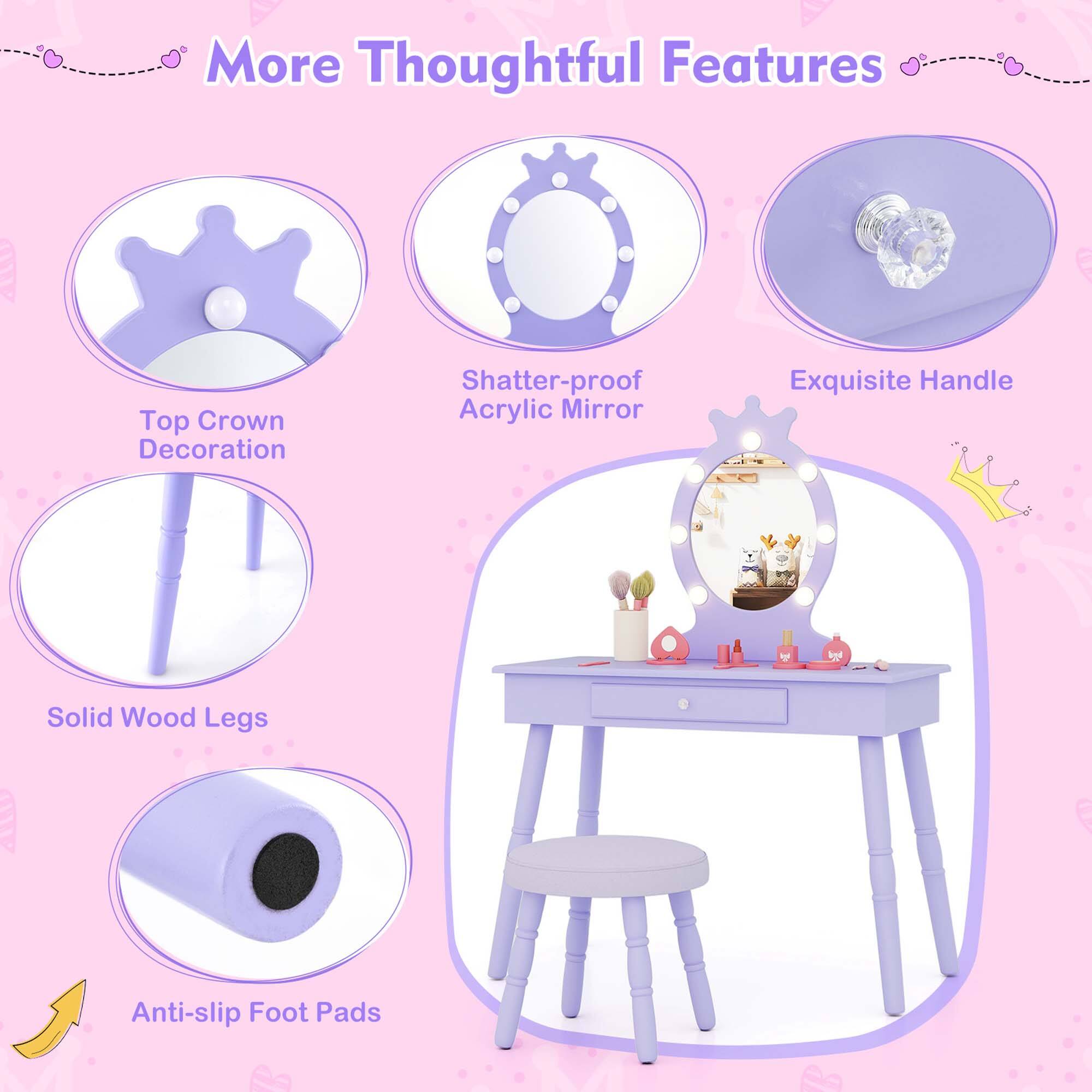 More Thoughtful Features: Top Crown Decoration, Shatter-proof Acrylic Mirror, Exquisite Handle, Solid Wood Legs, Anti-slip Foot Pads.