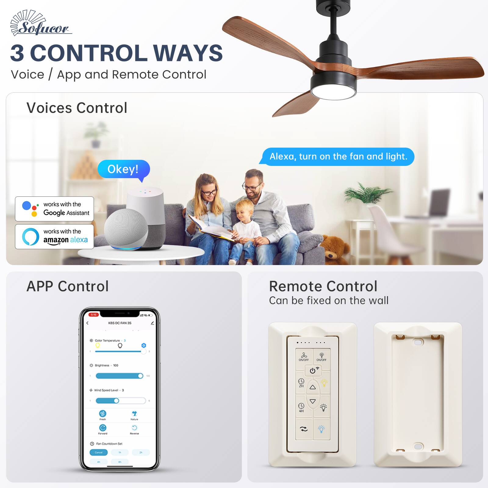 Sure, here is the corrected and grouped text from the image:

---

**Sofucor**

**3 CONTROL WAYS**  
Voice / App and Remote Control

**Voices Control**  
- works with the Google Assistant  
- works with the amazon alexa  

**APP Control**  
- Color Temperature  
- Brightness  
- Wind Speed Level  
- Fan Countdown Set  

**Remote Control**  
- Can be fixed on the wall  

---

**Voices Control**  
- Okey!  
- Alexa, turn on the fan and light.