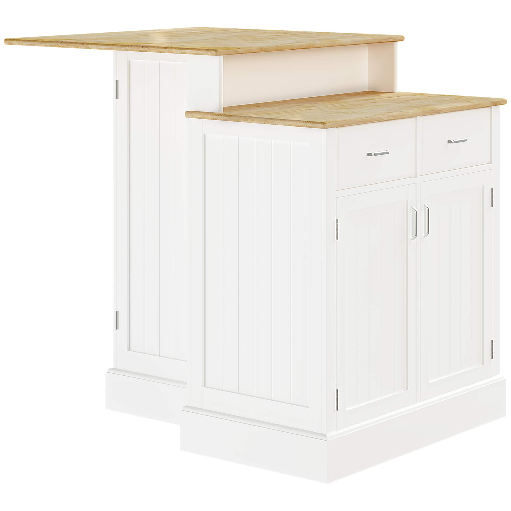 Homcom - Stationary Kitchen Island with Storage, Island Table with 2-Level Rubber Wood Tabletop, 2 Cabinets, 2 Drawers - WT
