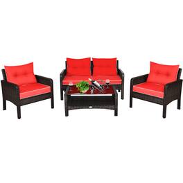 Costway - 4PCS Patio Rattan Furniture Set Loveseat Sofa Coffee Table Garden W/ Cushion - Red