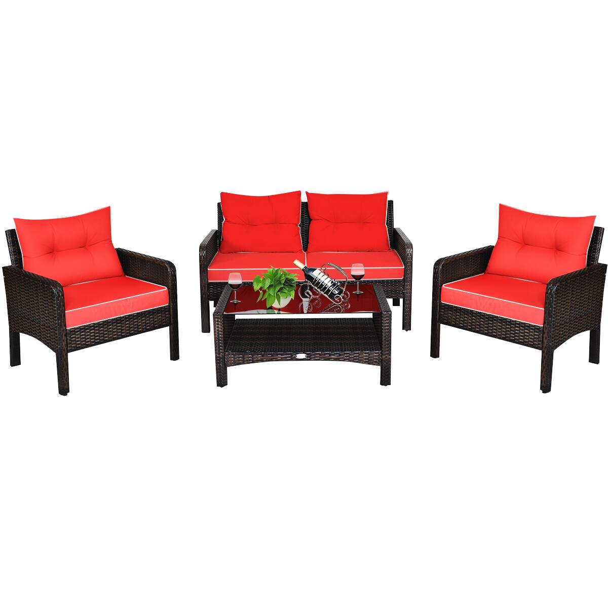 Front. Costway - Costway 4PCS Patio Rattan Furniture Set Loveseat Sofa Coffee Table Garden W/ Cushion - Red.