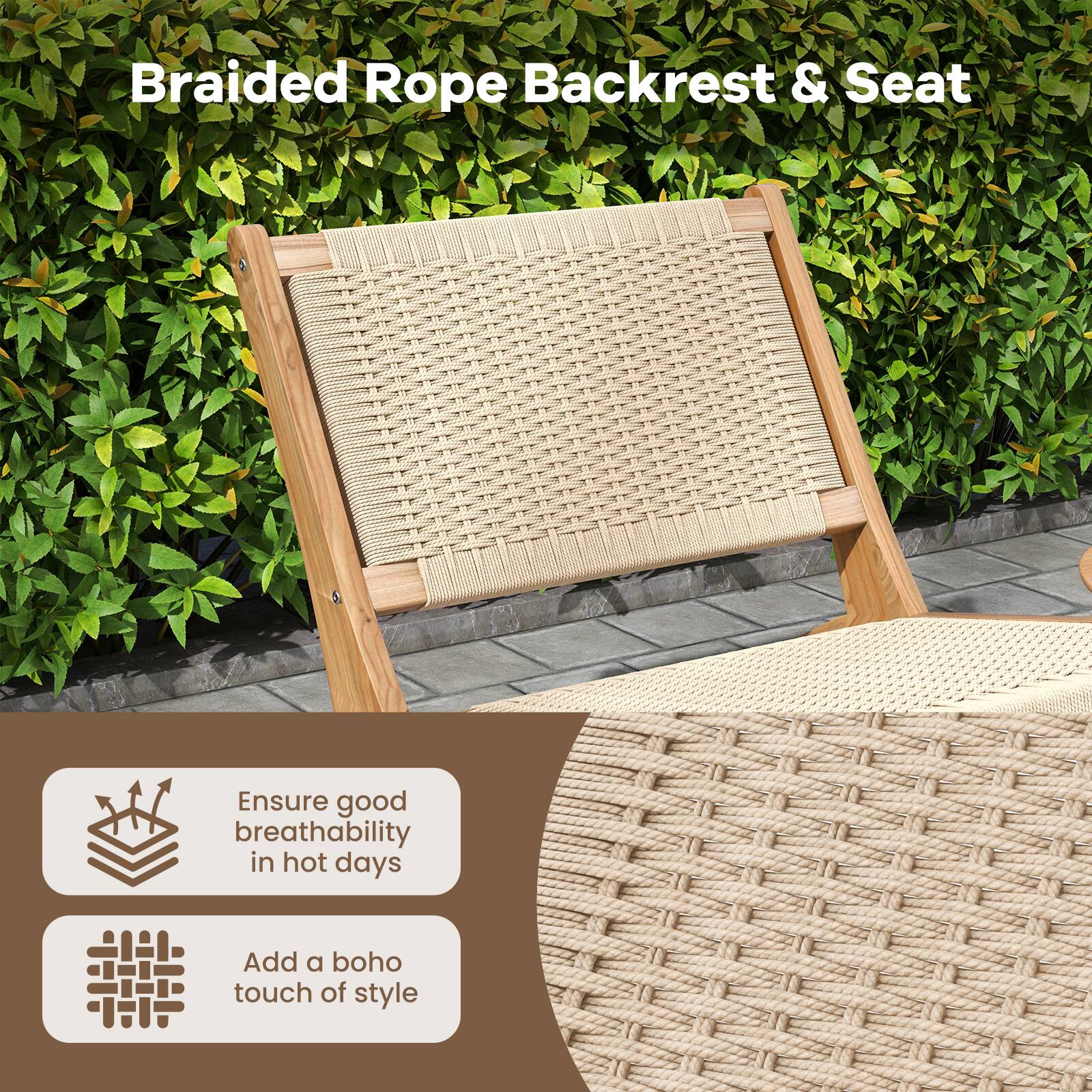 Sugift Teak Wooden Chair with Braided Rope Seat and Backrest for ...