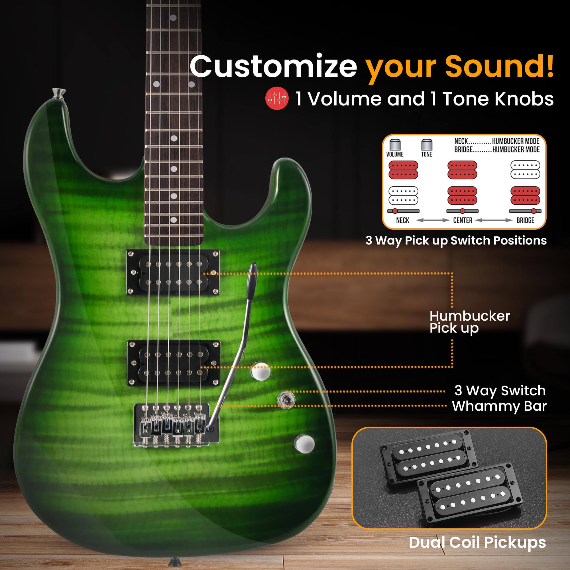 Customize your Sound!  
1 Volume and 1 Tone Knobs  
VOLUME TONE  
NECK BRIDGE  
HUMBUCKER MODE  
HUMBUCKER MODE  
NECK CENTER BRIDGE  
3 Way Pick up Switch Positions  
Humbucker Pick up  
3 Way Switch  
Whammy Bar  
Dual Coil Pickups