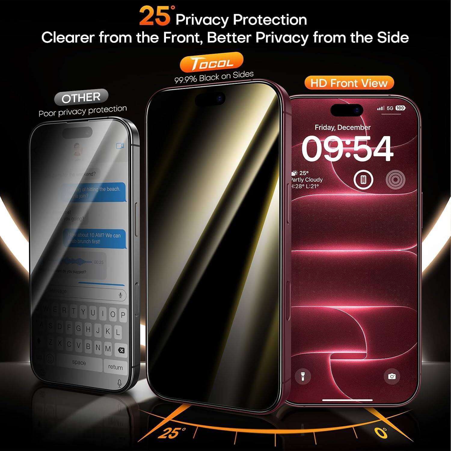 25° Privacy Protection  
Clearer from the Front, Better Privacy from the Side  
Tocool  
99.9% Black on Sides  
HD Front View  
OTHER  
Poor privacy protection  
Friday, December 09:54  
25° Partly Cloudy 4:28 L:21  
We're hitting the beach.  
You going?  
about 10 AM? We can brunch first!  
00:25  
suggest?  
T Y U 0 P A SDFGHJKL K L X C V B  X  
space  
return  
25
