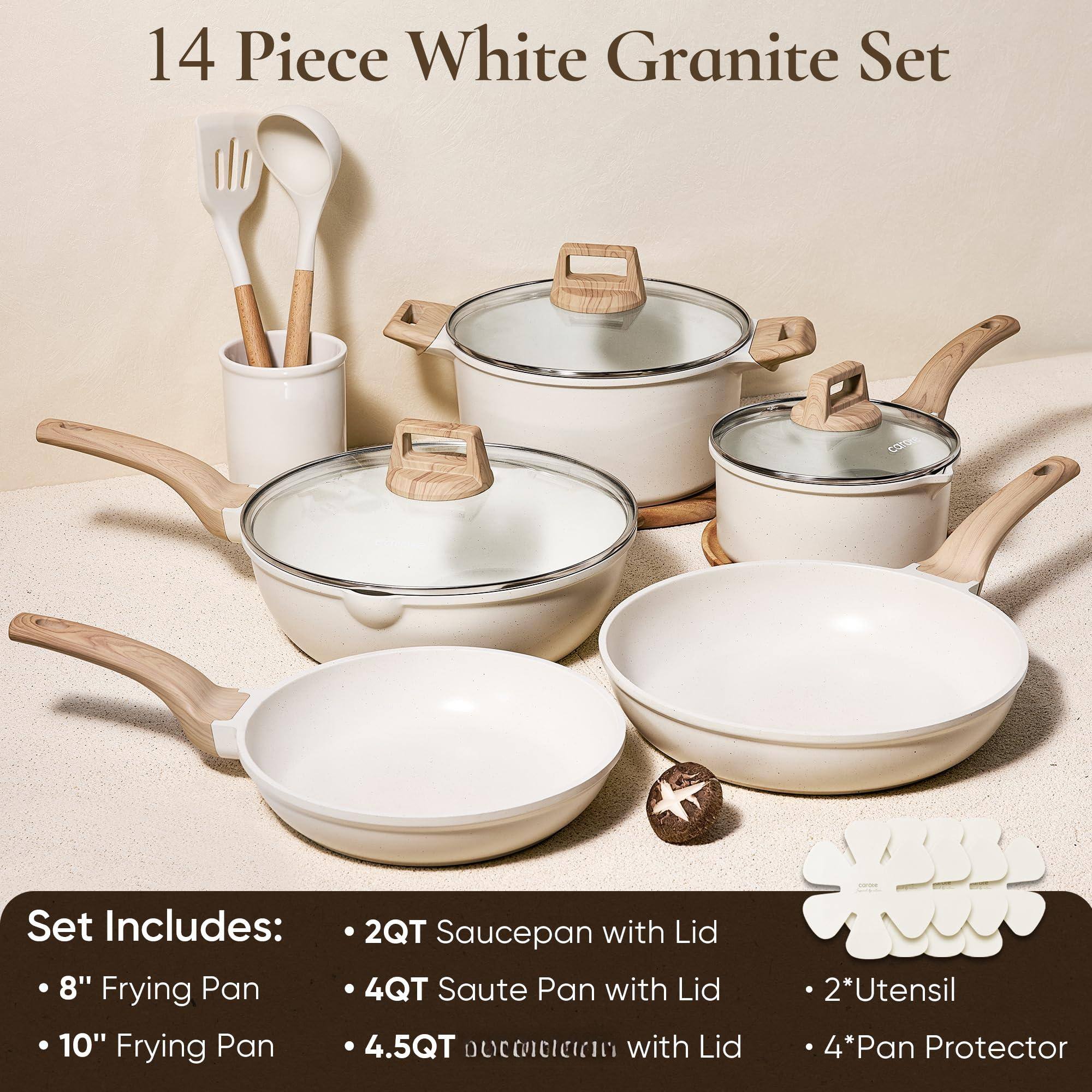 14 Piece White Granite Set

Set Includes:
- 8" Frying Pan
- 10" Frying Pan
- 2QT Saucepan with Lid
- 4QT Saute Pan with Lid
- 4.5QT CCC with Lid
- 2*Utensil
- 4*Pan Protector