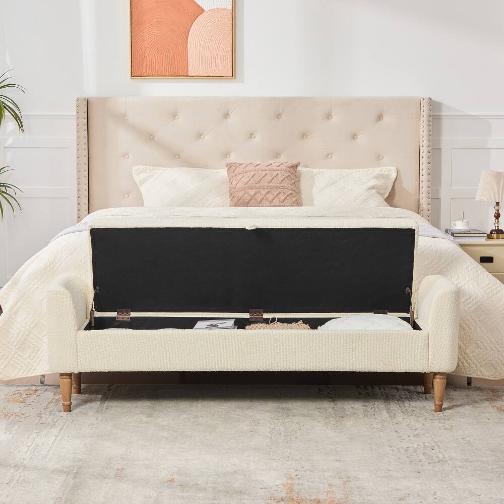 Alt View 1. Ropilly - Ropilly Modern Boucle Upholstered Storage Bench with Armrests, Beige Bed End Stool for Bedroom and Entryway - Beige.