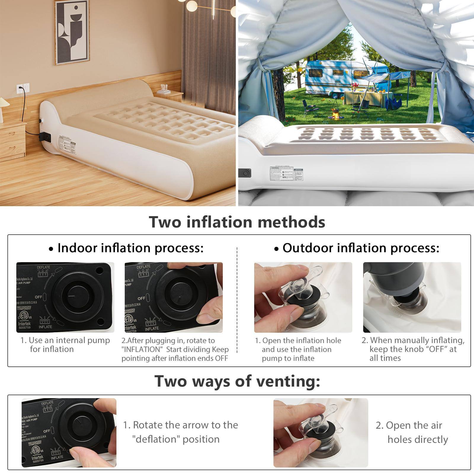 **Two inflation methods**

**Indoor inflation process:**
1. Use an internal pump for inflation
2. After plugging in, rotate to "INFLATION" Start dividing Keep and use the inflation pointing after inflation ends OFF

**Outdoor inflation process:**
1. Open the inflation hole and use the inflation pump to inflate
2. When manually inflating, keep the knob "OFF" at all times

**Two ways of venting:**
1. Rotate the arrow to the "deflation" position
2. Open the air holes directly