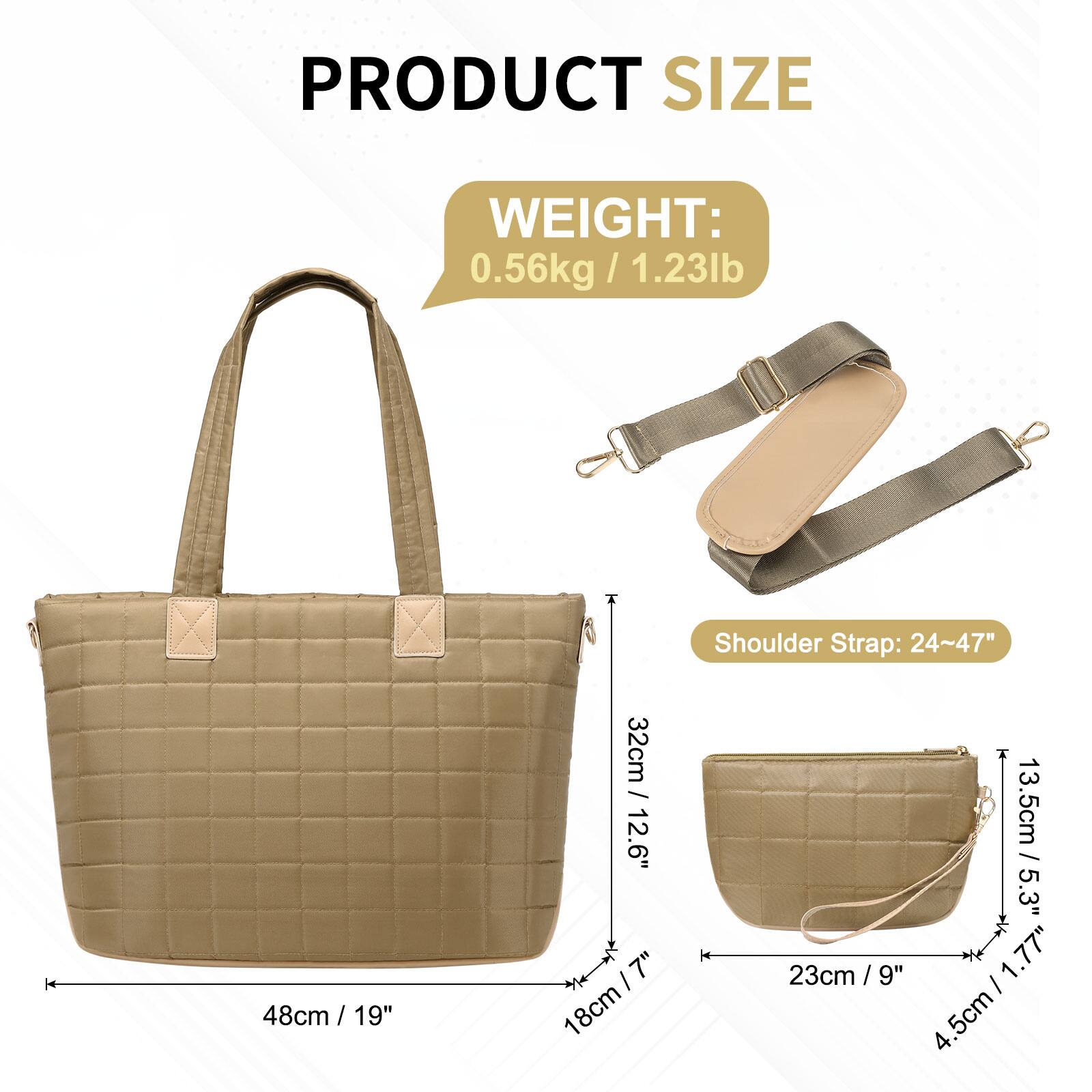 PRODUCT SIZE  
WEIGHT: 0.56kg / 1.23lb  
Shoulder Strap: 24~47"  

- Bag: 48cm / 19" (width) x 32cm / 12.6" (height) x 18cm / 7" (depth)  
- Clutch: 23cm / 9" (width) x 13.5cm / 5.3" (height) x 4.5cm / 1.77" (depth)