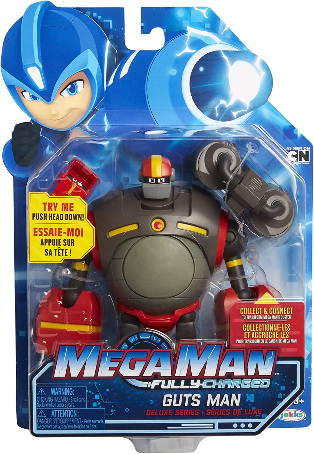 AS SEEN ON TV

TRY ME PUSH HEAD DOWN!
ESSAIE-MOI APPUIE SUR SA TÊTE!

COLLECT & CONNECT TO TRANSFORM MEGA MAN'S BUSTER
COLLECTIONNE-LES ET ACCROCHE-LES POUR TRANSFORMER LE CANON DE MEGA MAN

MEGA MAN FULLY CHARGED
GUTS MAN

WARNING: CHOKING HAZARD - Small parts. Not for children under 3 years.
ATTENTION: DANGER D'ÉTOUFFEMENT - Petits éléments. Ne convient pas aux enfants de moins de 3 ans.

DELUXE SERIES | SÉRIES DE LUXE

jaks