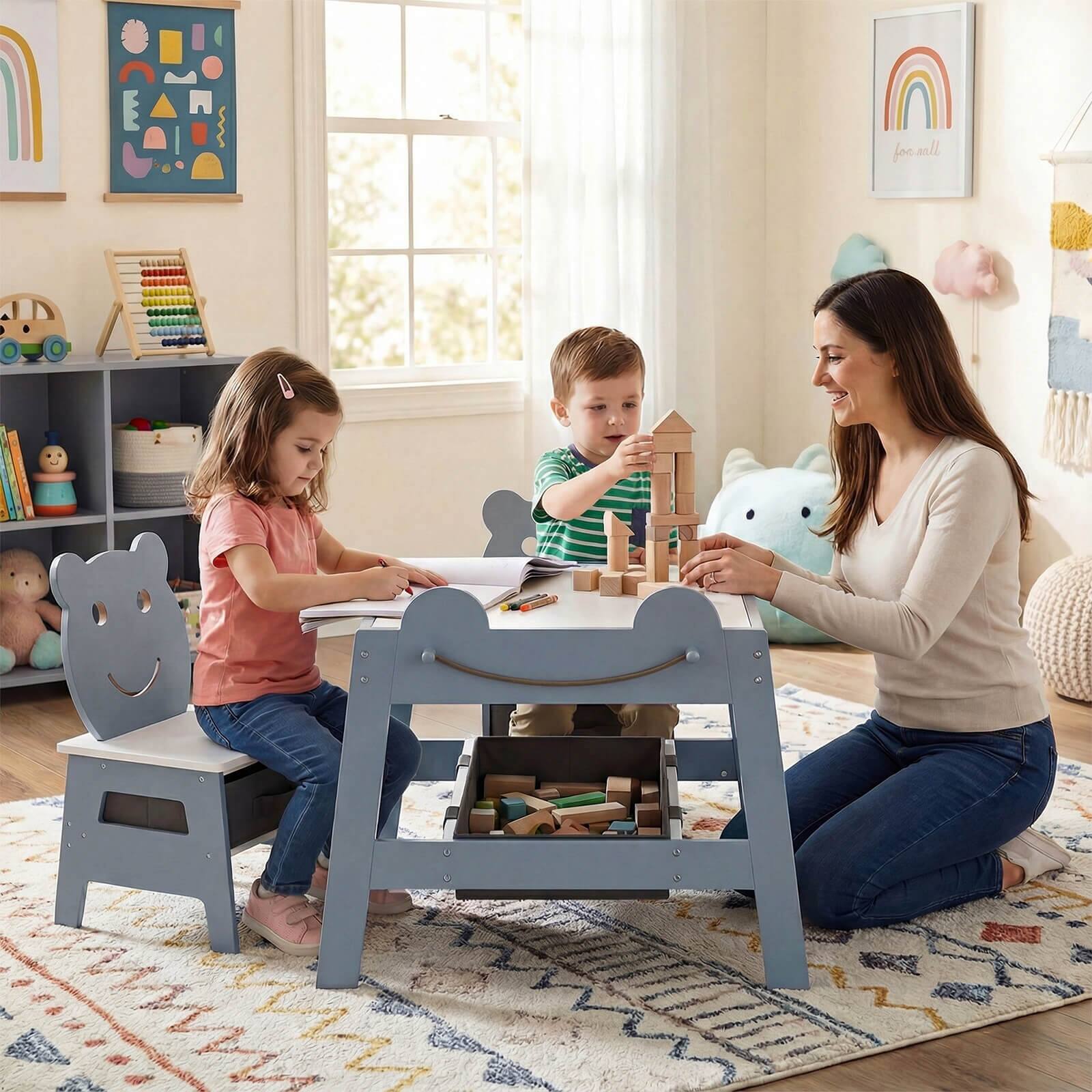 Alt View 3. Costway - Costway 5-in-1 Kids' Table & Chair Set with Chalkboard, Whiteboard, 3 Storage Bins, 4 Hooks - Gray,White.