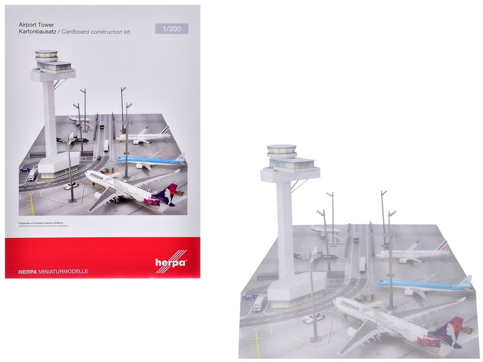 Airport Tower  
Kartonbausatz / Cardboard construction kit  
1/200  

Flugzeuge und Zubehör separat erhältlich.  
Aircraft and accessories available separately.  

HERPA MINIATURMODELL  
herpa