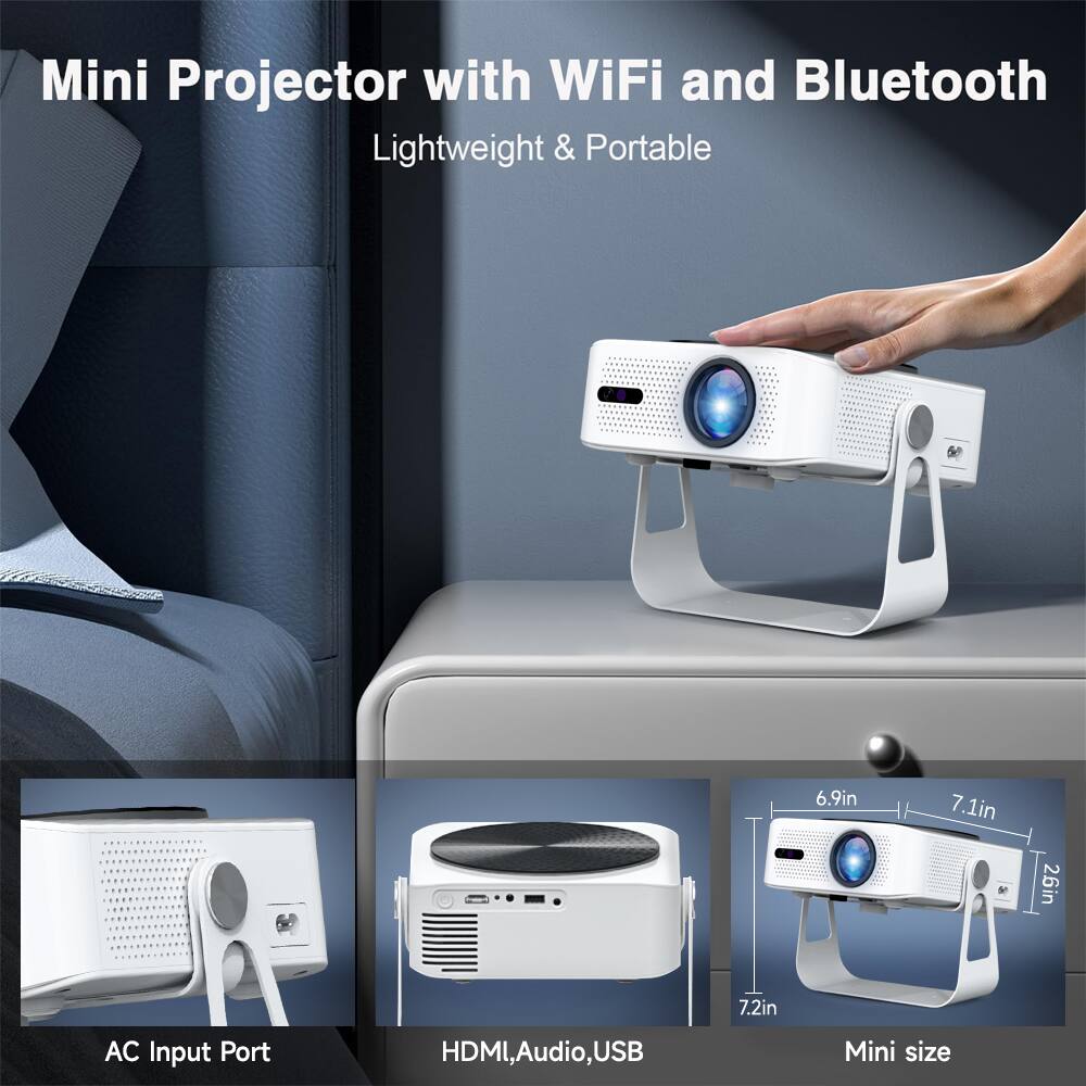 Mini Projector with WiFi and Bluetooth  
Lightweight & Portable  

AC Input Port  
HDMI, Audio, USB  

Mini size  
6.9in  
7.1in  
26in  
7.2in