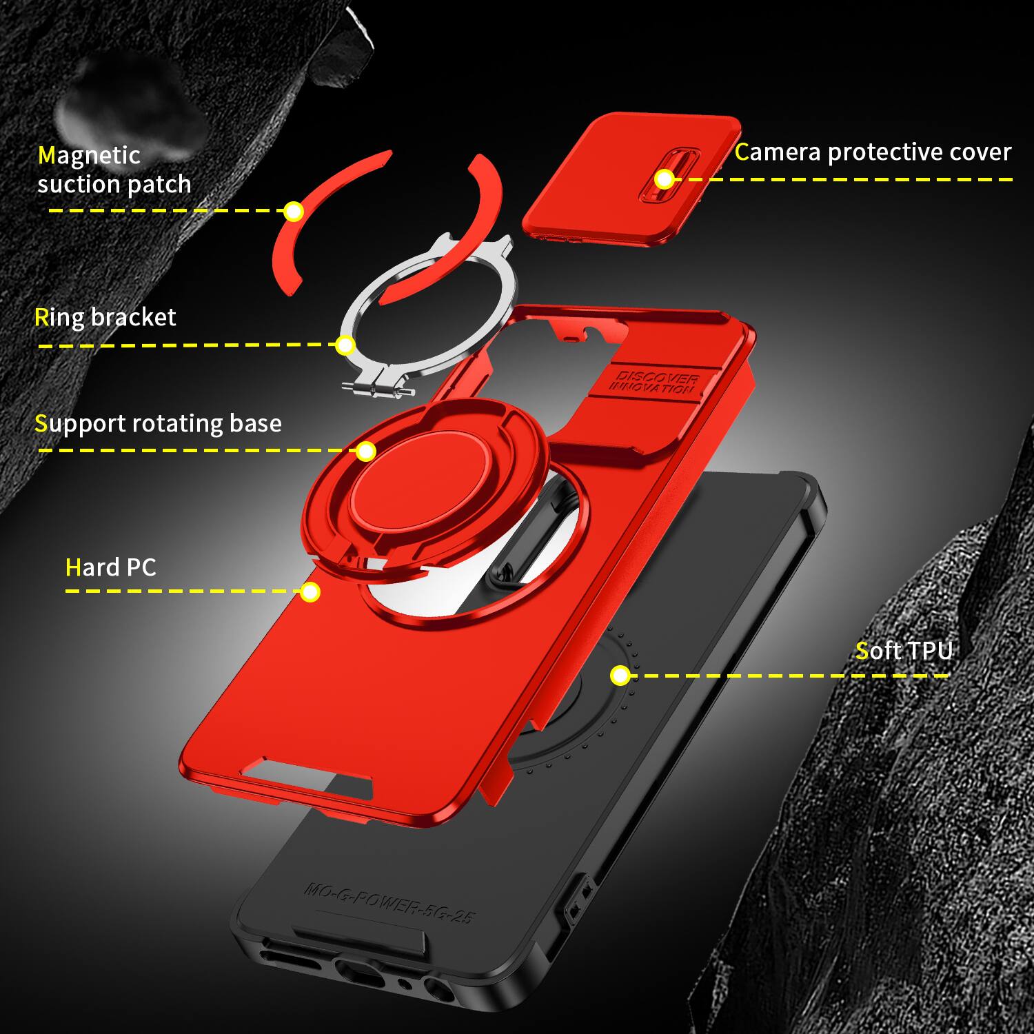 Magnetic suction patch  
Camera protective cover  
Ring bracket  
Support rotating base  
DISCOVER INNOVATION  
Hard PC  
Soft TPU  
MO-G-POWER-5G-25