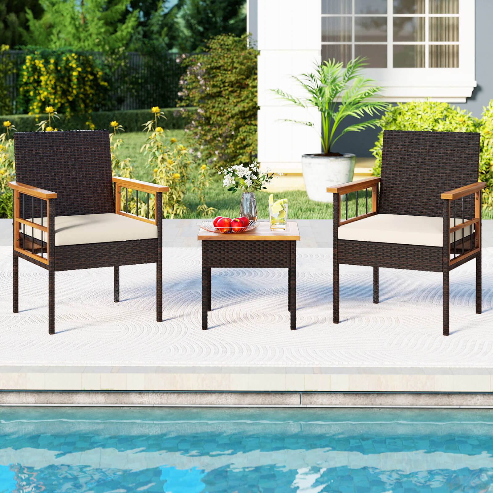 Alt View 3. Costway - Costway 3 PCS Wicker Furniture Set with Acacia Wood Tabletop Armrests Cushions for Backyard - Mix Brown+Off-White.