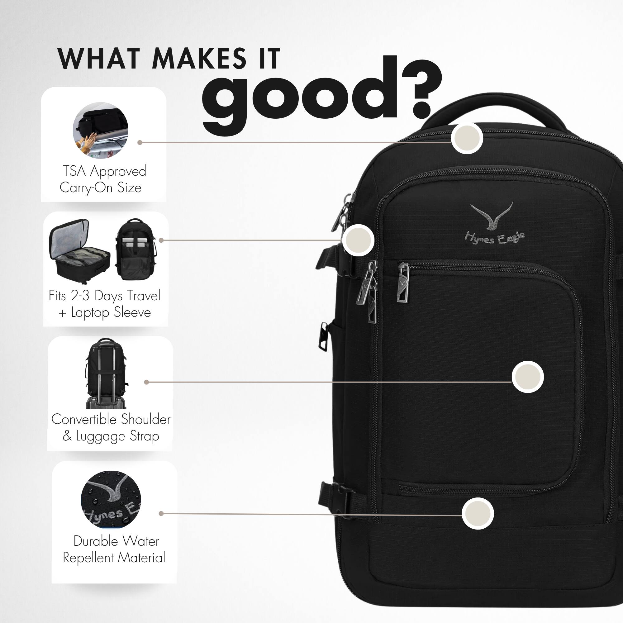 WHAT MAKES IT good?

- TSA Approved Carry-On Size
- Fits 2-3 Days Travel + Laptop Sleeve
- Convertible Shoulder & Luggage Strap
- Durable Water Repellent Material