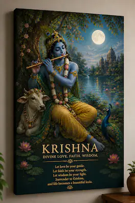 FC Design - Large Krishna Moonlight Canvas Print 24x36" Divine Hindu Music Art Painting Home Wall Decor - MultiColor