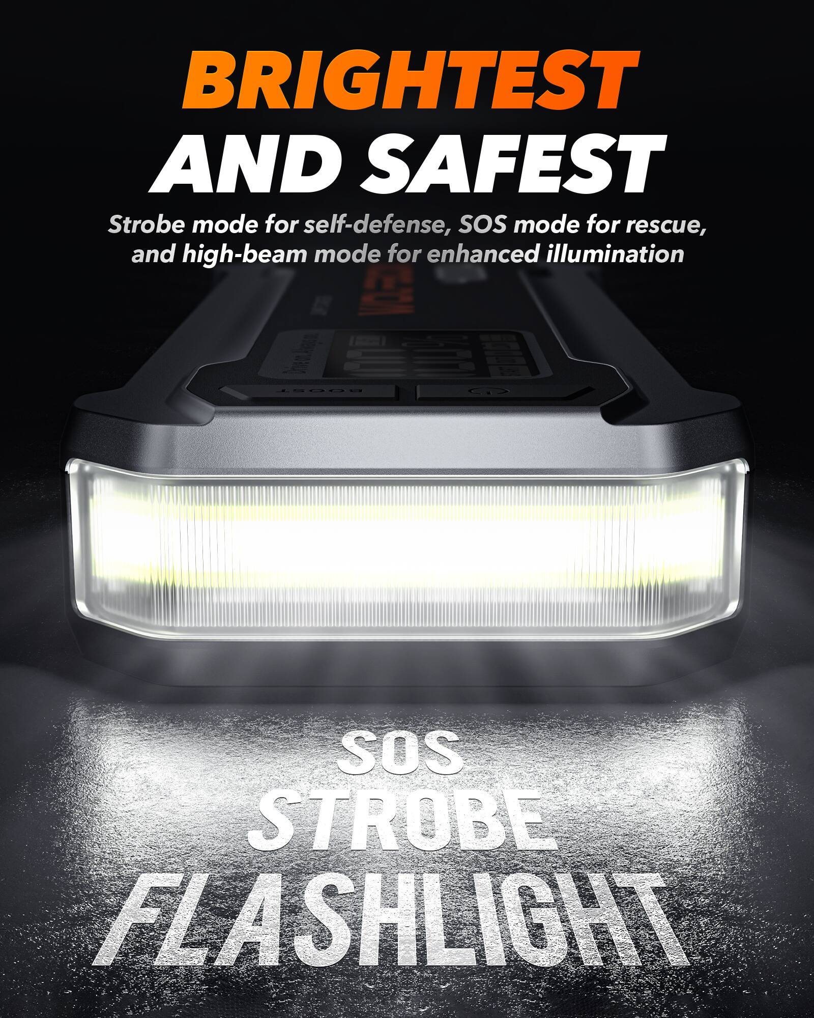 BRIGHTEST AND SAFEST

Strobe mode for self-defense, SOS mode for rescue, and high-beam mode for enhanced illumination

SOS STROBE FLASHLIGHT