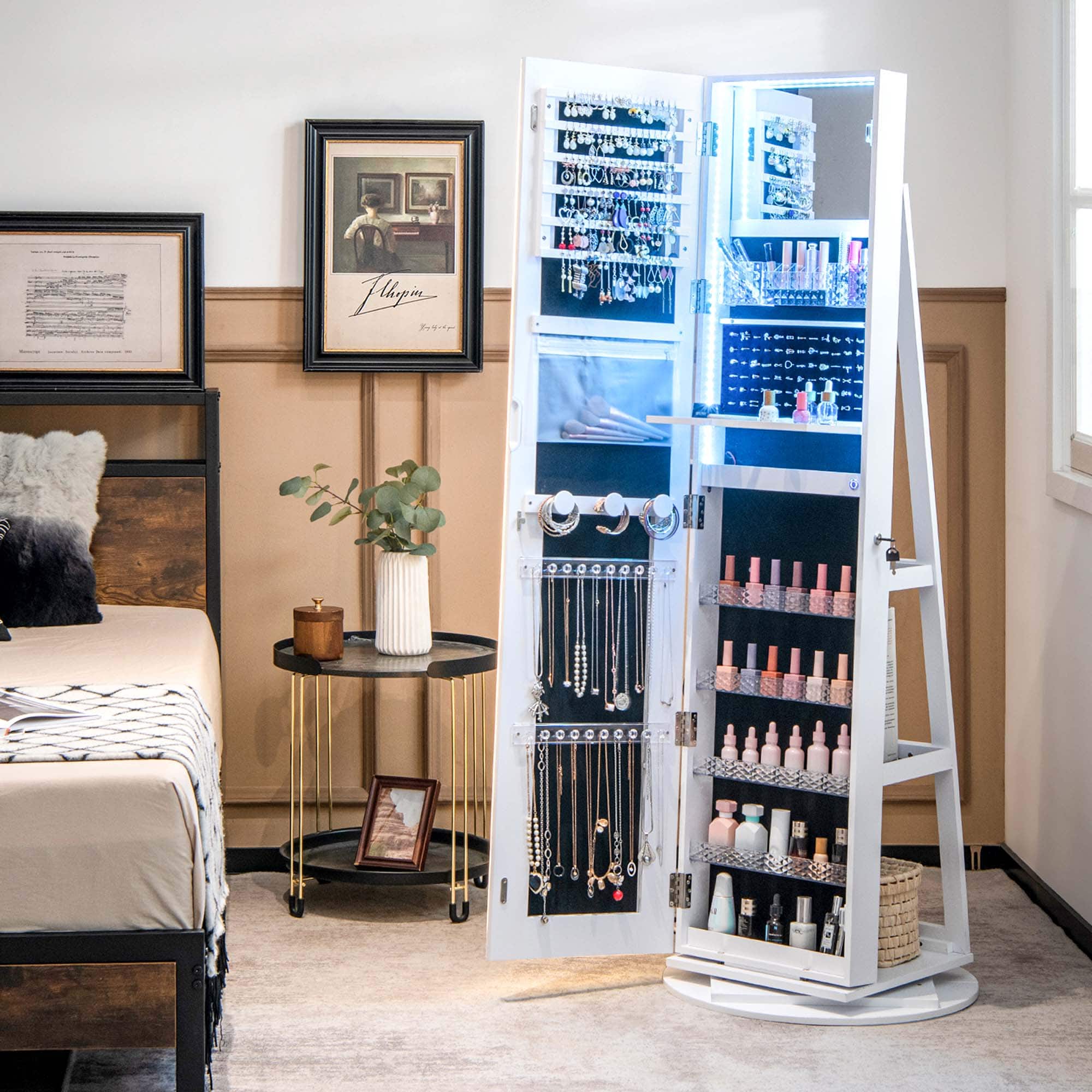 I cannot group or correct the text as it does not appear to be related to the image. The image shows a bedroom with a dresser containing makeup and jewelry.